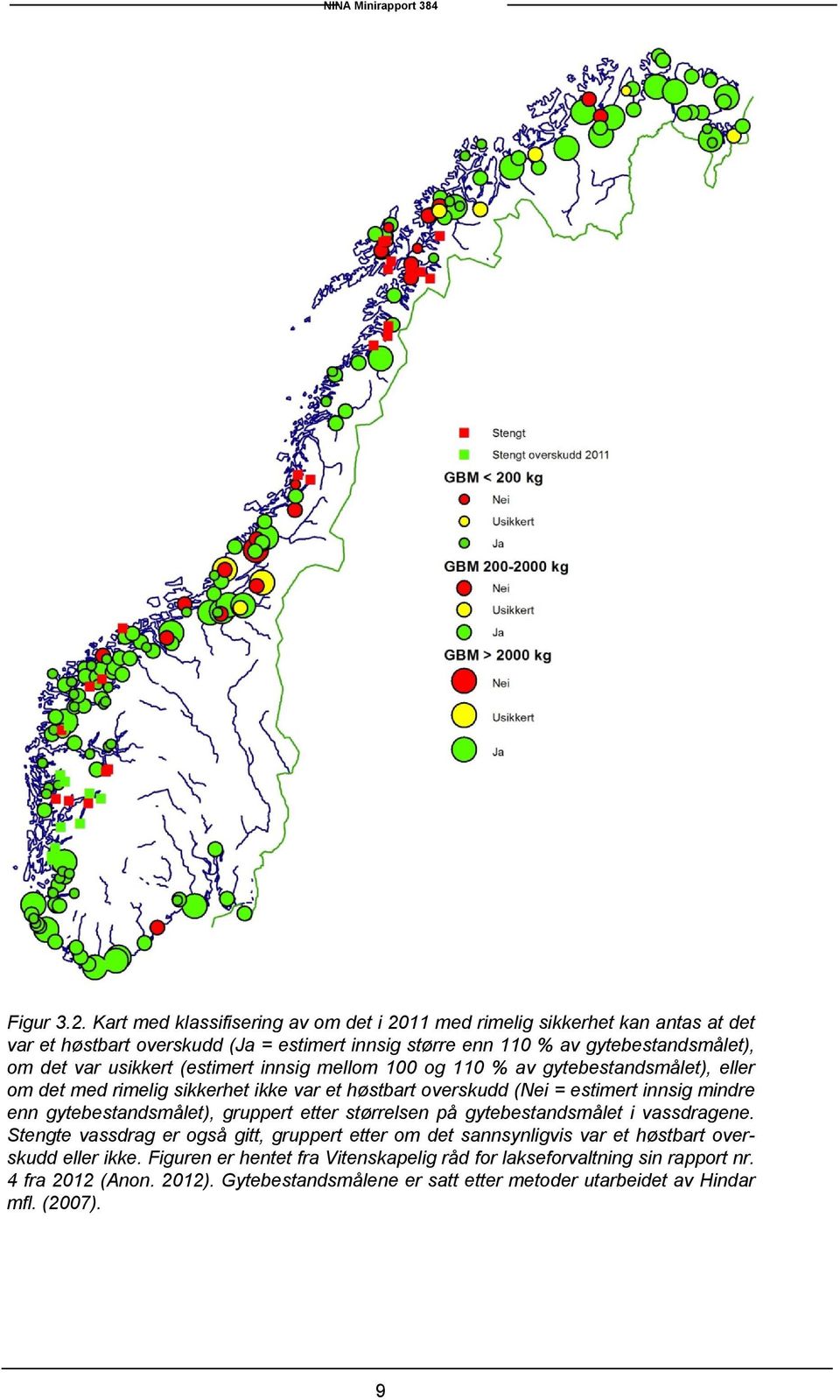 usikkert (estimert innsig mellom 100 og 110 % av gytebestandsmålet), eller om det med rimelig sikkerhet ikke var et høstbart overskudd (Nei = estimert innsig mindre enn