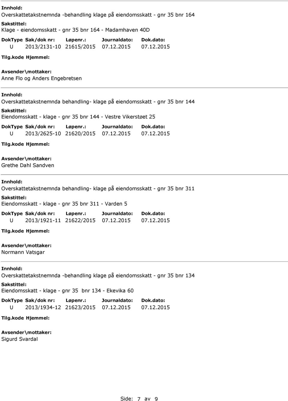 Grethe Dahl Sandven Overskattetakstnemnda behandling- klage på eiendomsskatt - gnr 35 bnr 311 Eiendomsskatt - klage - gnr 35 bnr 311 - Varden 5 2013/1921-11 21622/2015 Normann