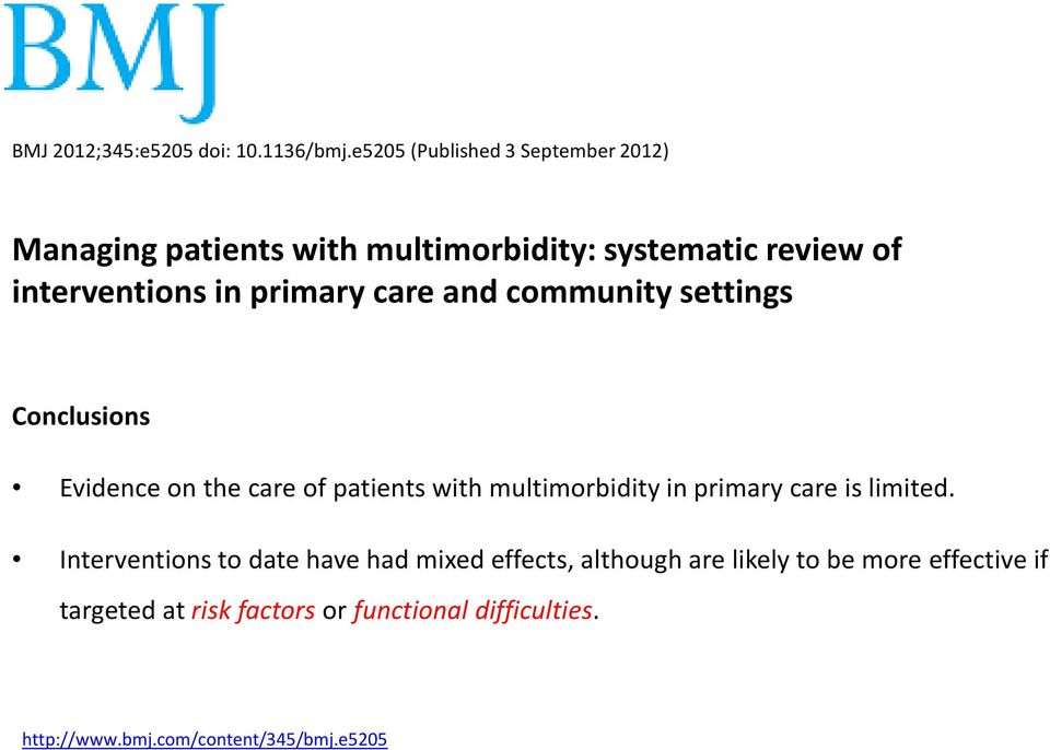 primary care and community settings Conclusions Evidence on the care of patients with multimorbidityin primary