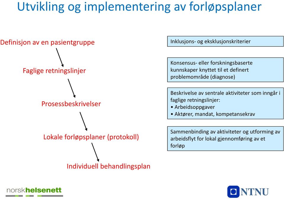 Beskrivelse av sentrale aktiviteter som inngår i faglige retningslinjer: Arbeidsoppgaver Aktører, mandat, kompetansekrav Lokale