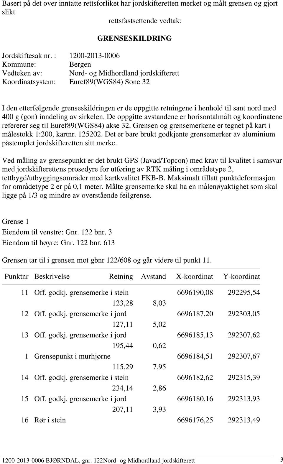 sant nord med 400 g (gon) inndeling av sirkelen. De oppgitte avstandene er horisontalmålt og koordinatene refererer seg til Euref89(WGS84) akse 32.