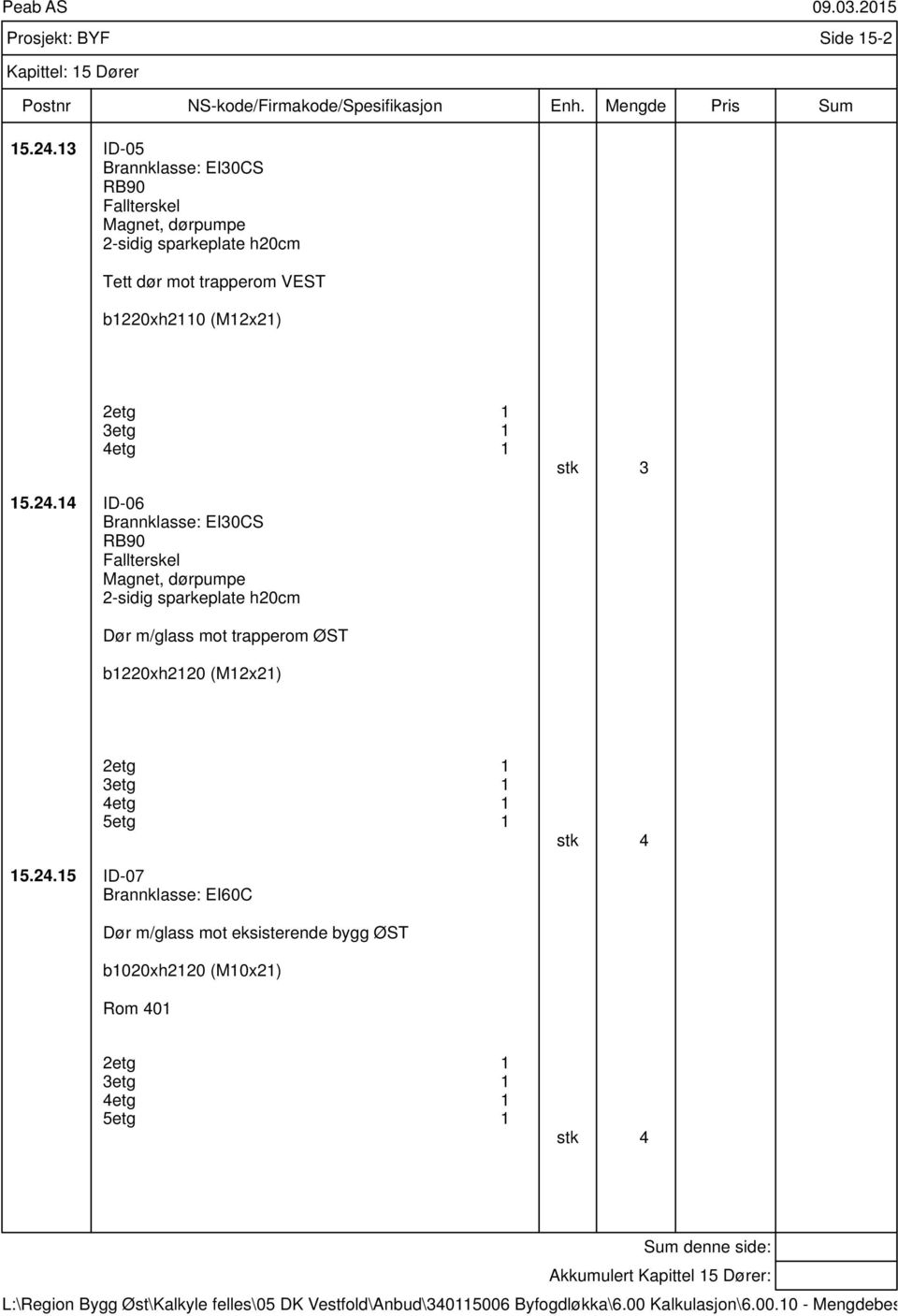 4 ID-06 -sidig sparkeplate h0cm Dør m/glass mot trapperom ØST b0xh0 (Mx) stk 3 5.4.5 ID-07 Brannklasse: EI60C Dør