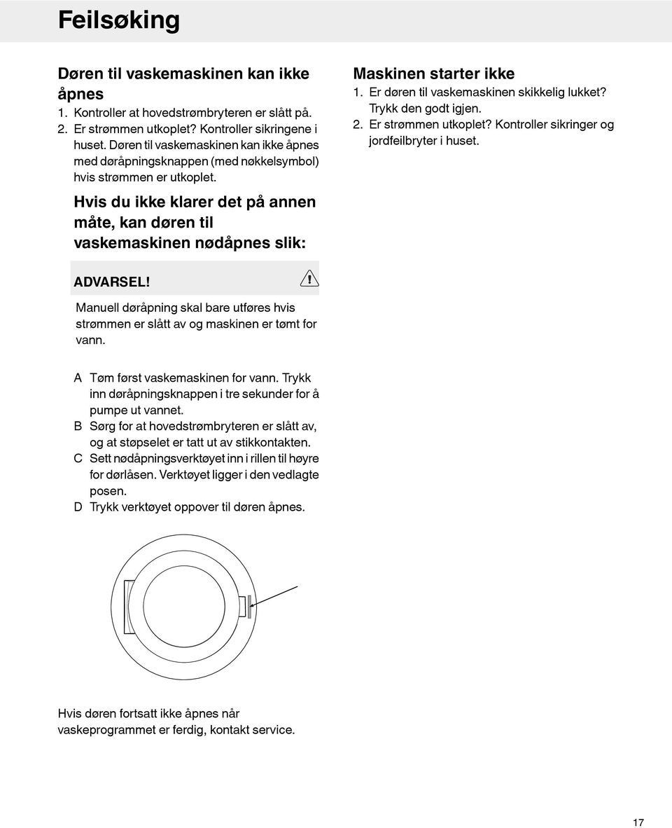 Hvis du ikke klarer det på annen måte, kan døren til vaskemaskinen nødåpnes slik: Maskinen starter ikke 1. Er døren til vaskemaskinen skikkelig lukket? Trykk den godt igjen. 2. Er strømmen utkoplet?