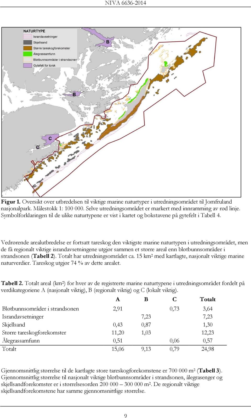 Vedrørende arealutbredelse er fortsatt tareskog den viktigste marine naturtypen i utredningsområdet, men de få regionalt viktige israndavsetningene utgjør sammen et større areal enn bløtbunnsområder
