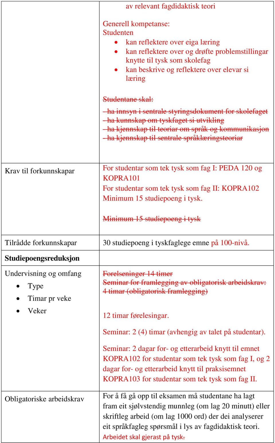 kjennskap til sentrale språklæringsteoriar Krav til forkunnskapar For studentar som tek tysk som fag I: PEDA 120 og KOPRA101 For studentar som tek tysk som fag II: KOPRA102 Minimum 15 studiepoeng i