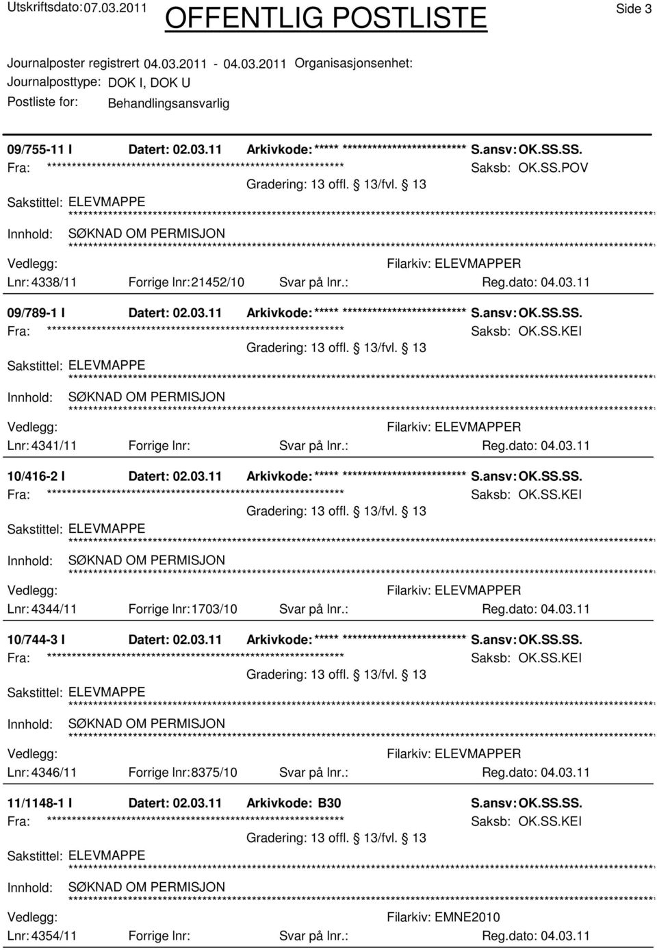 : 10/416-2 I Datert: 02.03.11 Arkivkode:***** ****************************** S.ansv: OK.SS.SS. Fra: ************************************************************ Saksb: OK.SS.KEI Innhold: SØKNAD OM PERMISJON Lnr: 4344/11 Forrige lnr:1703/10 Svar på lnr.