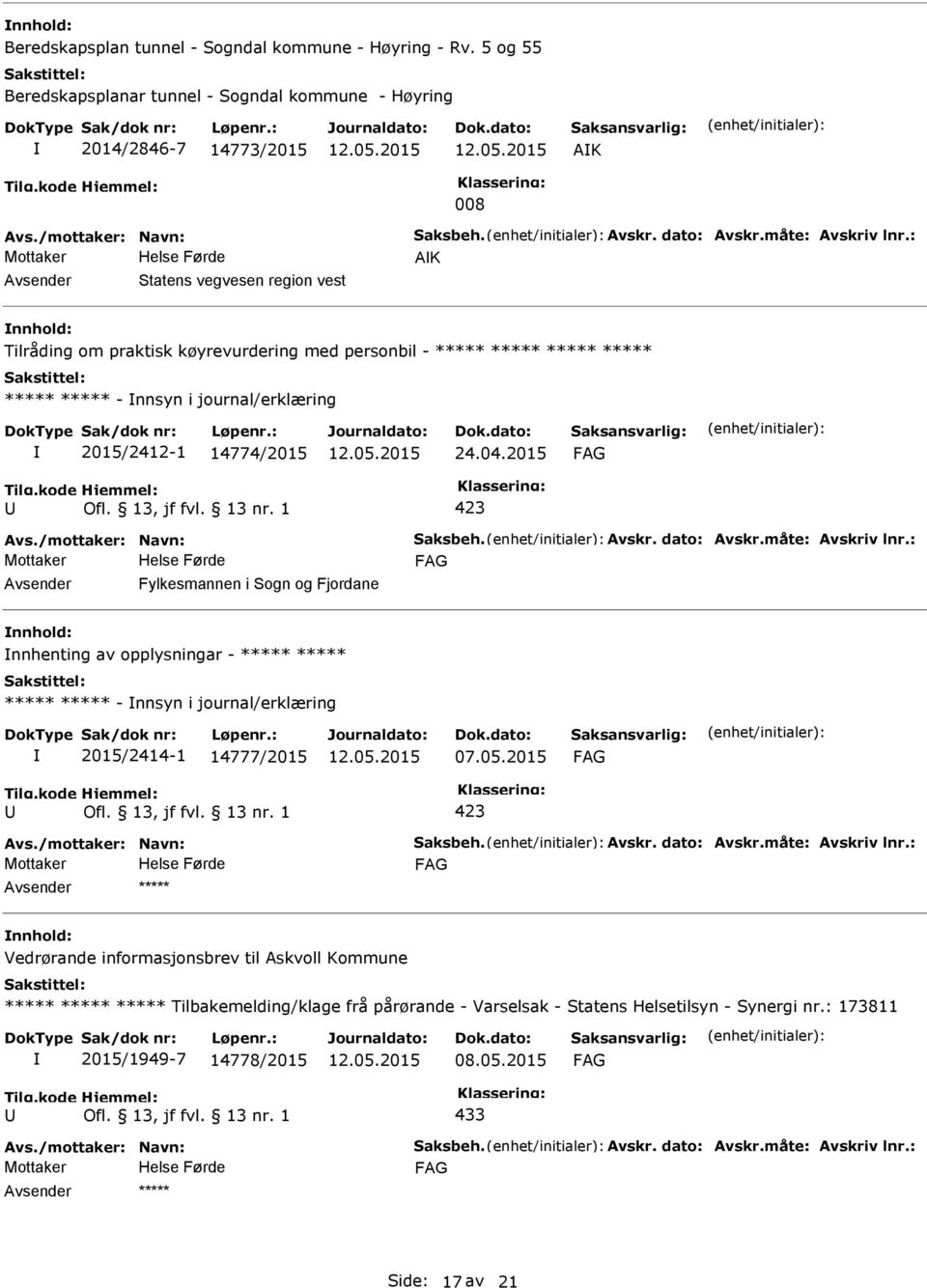 : AK Statens vegvesen region vest nnhold: Tilråding om praktisk køyrevurdering med personbil - ***** ***** ***** ***** ***** ***** - nnsyn i journal/erklæring 2015/2412-1 14774/2015 24.04.2015 Avs.