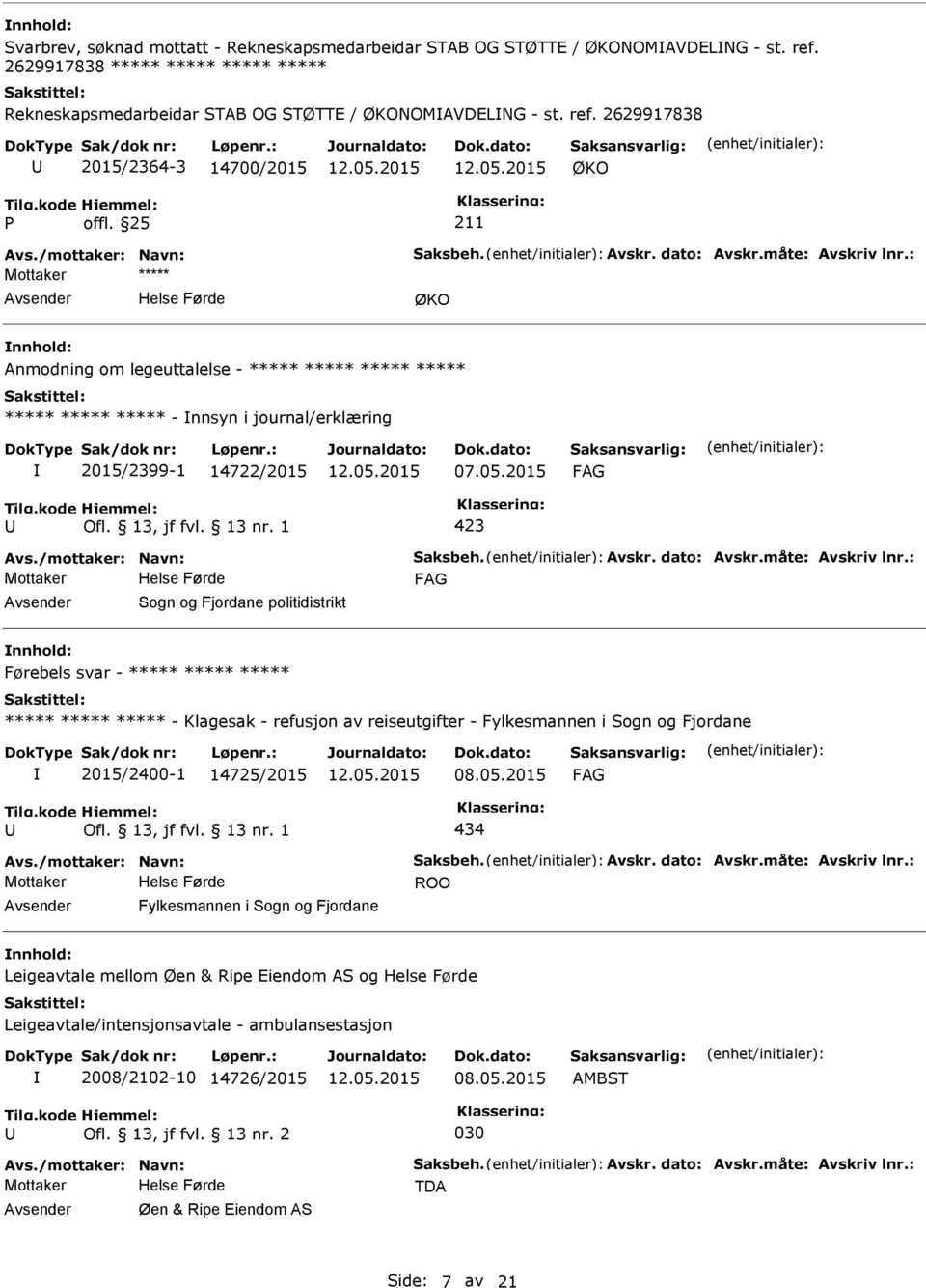 : ØKO nnhold: Anmodning om legeuttalelse - ***** ***** ***** ***** ***** ***** ***** - nnsyn i journal/erklæring 2015/2399-1 14722/2015 07.05.2015 Avs.