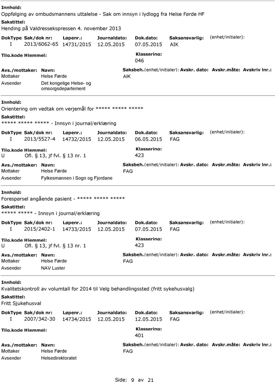 : AK Det kongelige Helse- og omsorgsdepartement nnhold: Orientering om vedtak om verjemål for ***** ***** ***** ***** ***** ***** - nnsyn i journal/erklæring 2013/5527-4 14732/2015 06.05.2015 Avs.