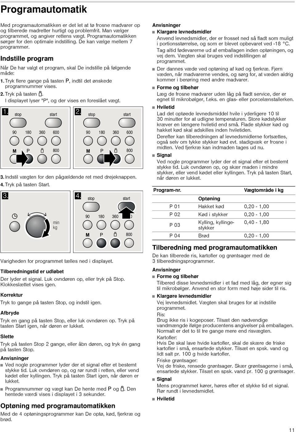 Tryk flere gange på tasten g, indtil det ønskede programnummer vises. 2.Tryk på tasten 1. I displayet lyser "P", og der vises en foreslået vægt. 3.