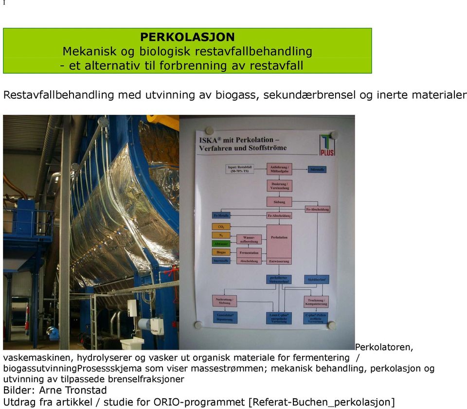 materiale for fermentering / biogassutvinningprosessskjema som viser massestrømmen; mekanisk behandling, perkolasjon og