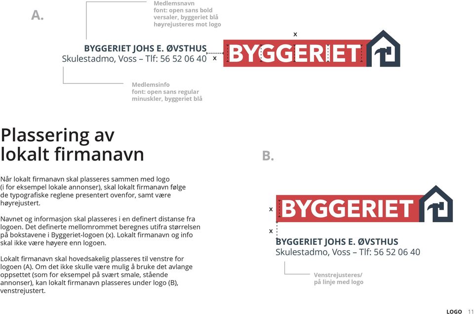 eksempel lokale annonser), skal lokalt firmanavn følge de typografiske reglene presentert ovenfor, samt være høyrejustert. Navnet og informasjon skal plasseres i en definert distanse fra logoen.