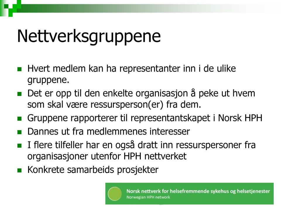 Gruppene rapporterer til representantskapet i Norsk HPH Dannes ut fra medlemmenes interesser I