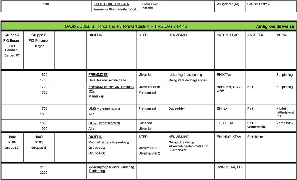 Øvingsdirektiv/dagseddler FREMMØTE/REGISTRERING /PU Mannskap Ulven kaserne Befal, EH, KTAA, ORR Bespisning UMS gjennomgang Dagseddel EH, JA + brief tetthetskont roll CS