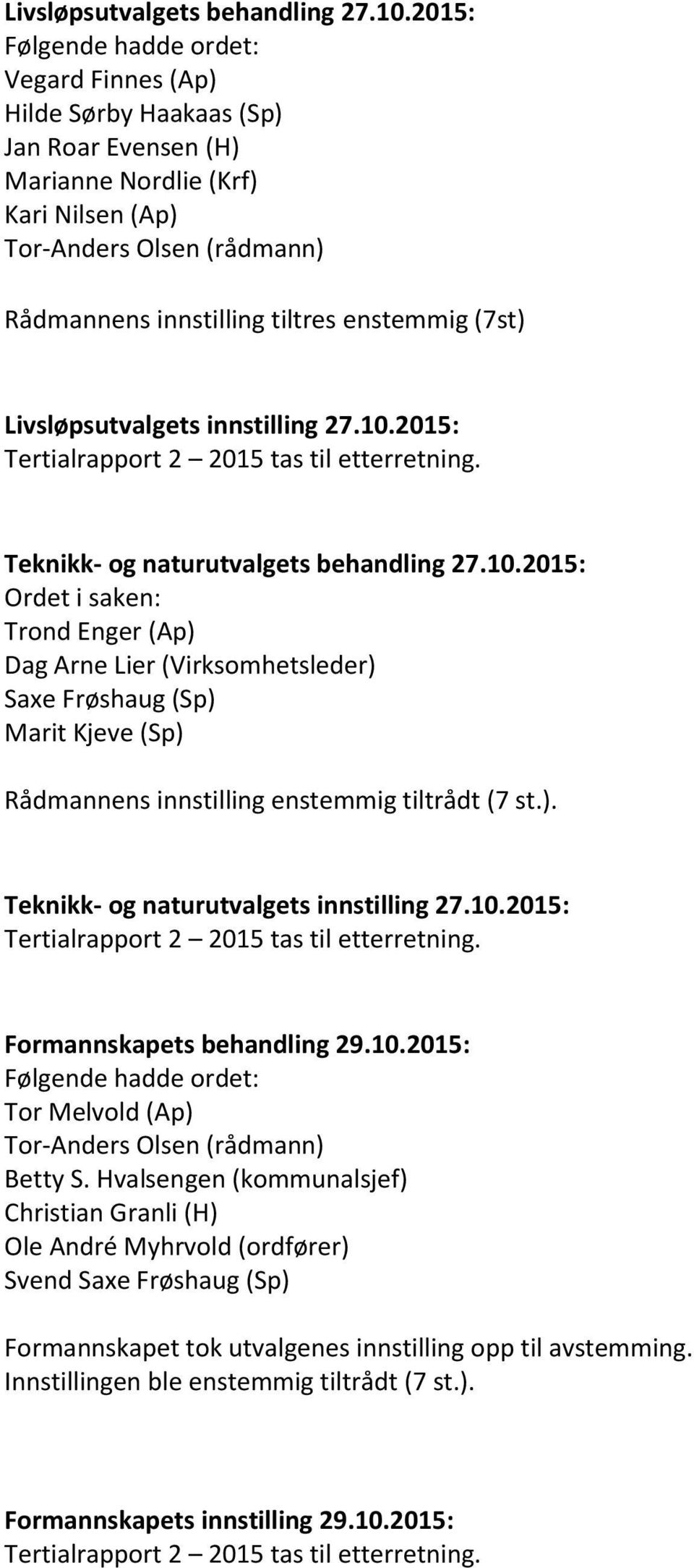 Livsløpsutvalgets innstilling 27.10.2015: Teknikk- og naturutvalgets behandling 27.10.2015: Ordet i saken: Trond Enger (Ap) Dag Arne Lier (Virksomhetsleder) Saxe Frøshaug (Sp) Marit Kjeve (Sp) Rådmannens innstilling enstemmig tiltrådt (7 st.