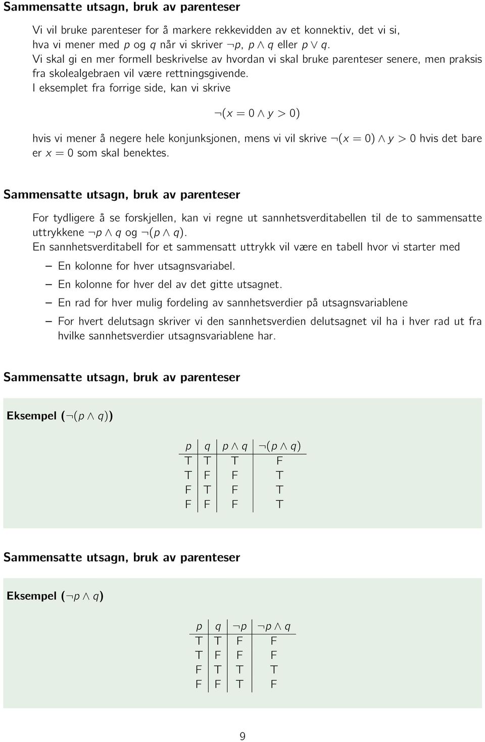 I eksemplet fra forrige side, kan vi skrive (x = 0 y > 0) hvis vi mener å negere hele konjunksjonen, mens vi vil skrive (x = 0) y > 0 hvis det bare er x = 0 som skal benektes.