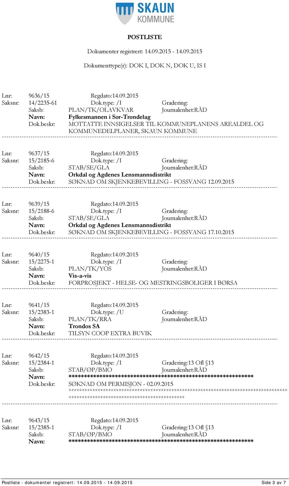 09.2015 Saksnr: 15/2185-6 Dok.type: /I Gradering: Saksb: STAB/SE/GLA Journalenhet:RÅD Orkdal og Agdenes Lensmannsdistrikt SØKNAD OM SKJENKEBEVILLING - FOSSVANG 12.09.2015 Lnr: 9639/15 Regdato:14.09.2015 Saksnr: 15/2188-6 Dok.