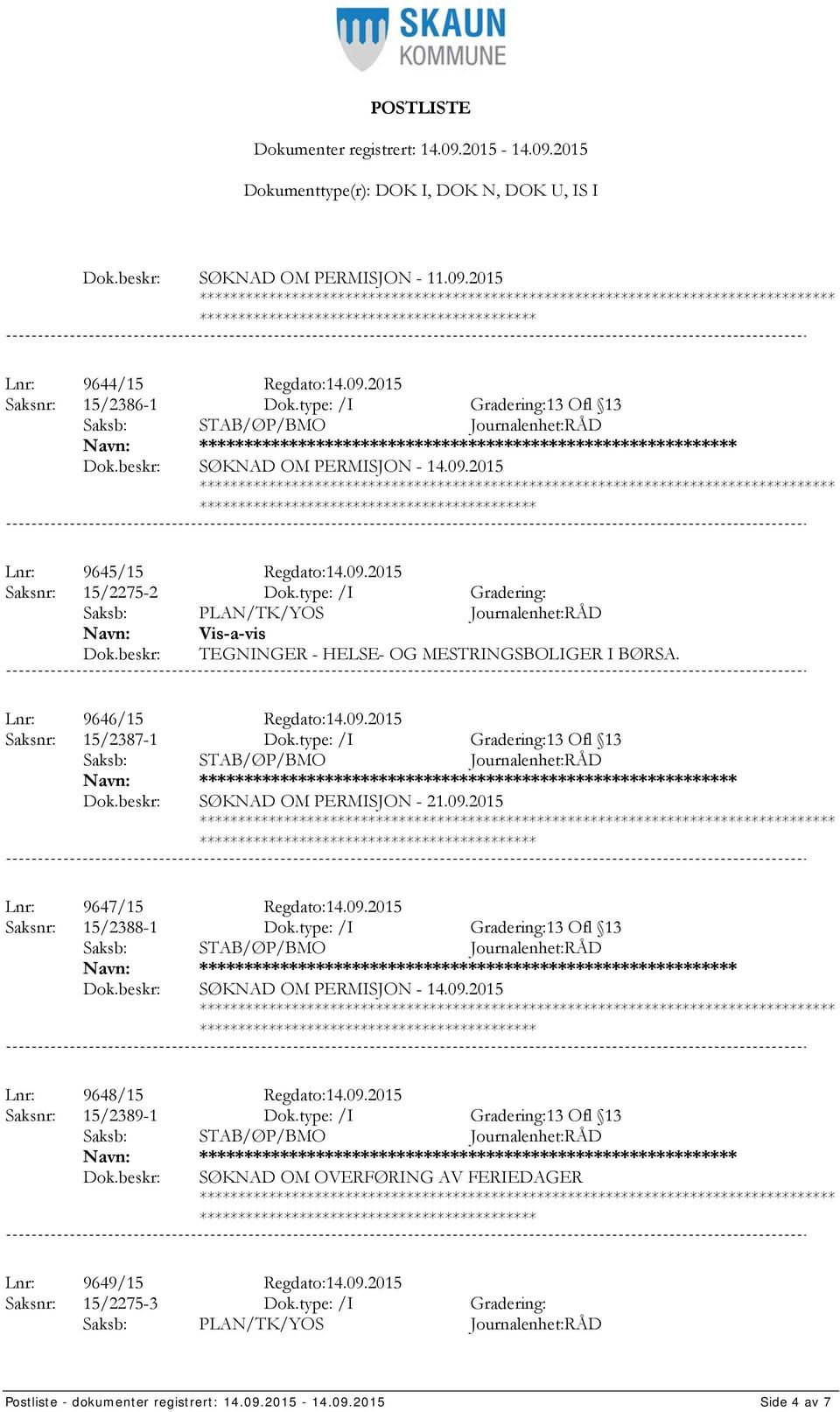 type: /I Gradering:13 Ofl 13 **************** SØKNAD OM PERMISJON - 21.09.2015 Lnr: 9647/15 Regdato:14.09.2015 Saksnr: 15/2388-1 Dok.