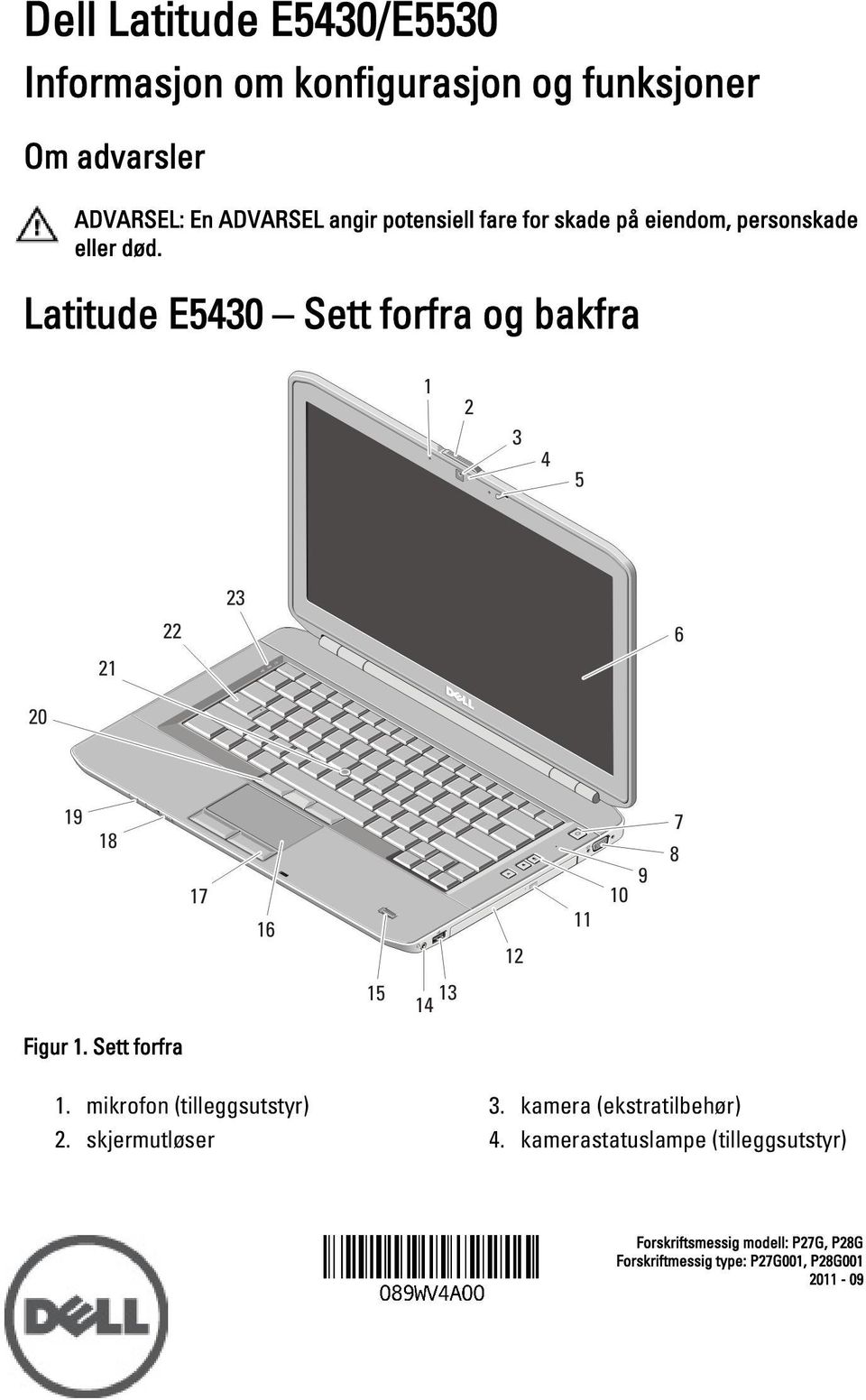 Latitude E5430 Sett forfra og bakfra Figur 1. Sett forfra 1. mikrofon (tilleggsutstyr) 2. skjermutløser 3.