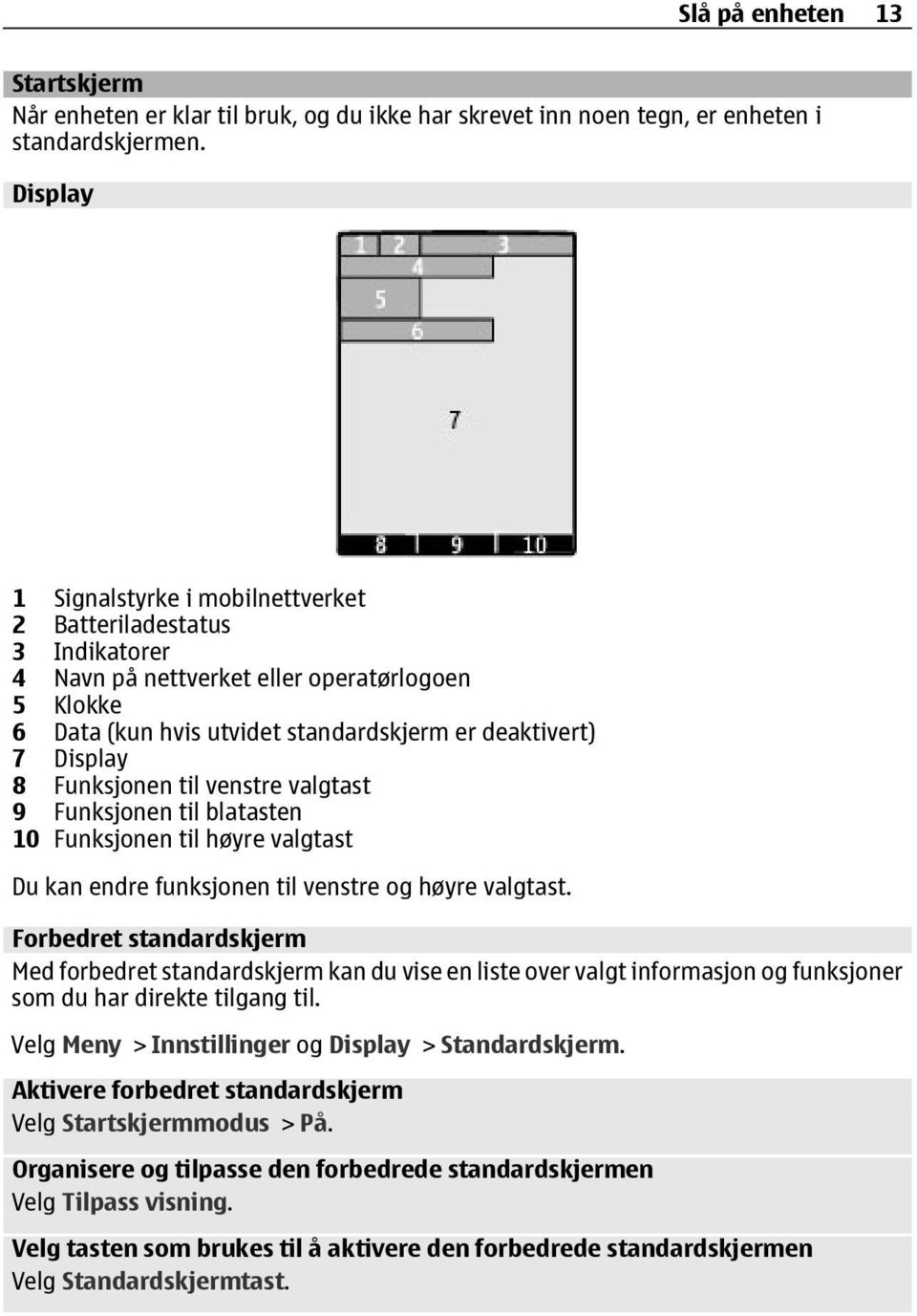 Funksjonen til venstre valgtast 9 Funksjonen til blatasten 10 Funksjonen til høyre valgtast Du kan endre funksjonen til venstre og høyre valgtast.