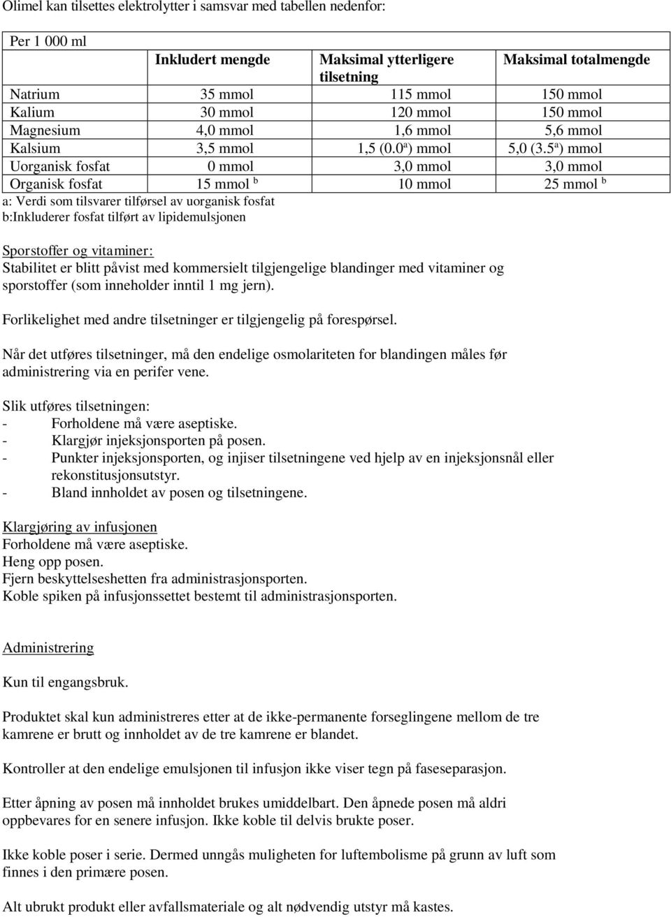 5 a ) mmol Uorganisk fosfat 0 mmol 3,0 mmol 3,0 mmol Organisk fosfat 15 mmol b 10 mmol 25 mmol b a: Verdi som tilsvarer tilførsel av uorganisk fosfat b:inkluderer fosfat tilført av lipidemulsjonen