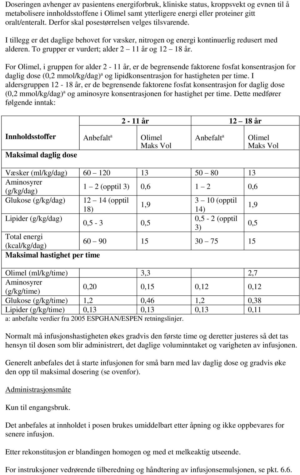 For Olimel, i gruppen for alder 2-11 år, er de begrensende faktorene fosfat konsentrasjon for daglig dose (0,2 mmol/kg/dag) a og lipidkonsentrasjon for hastigheten per time.