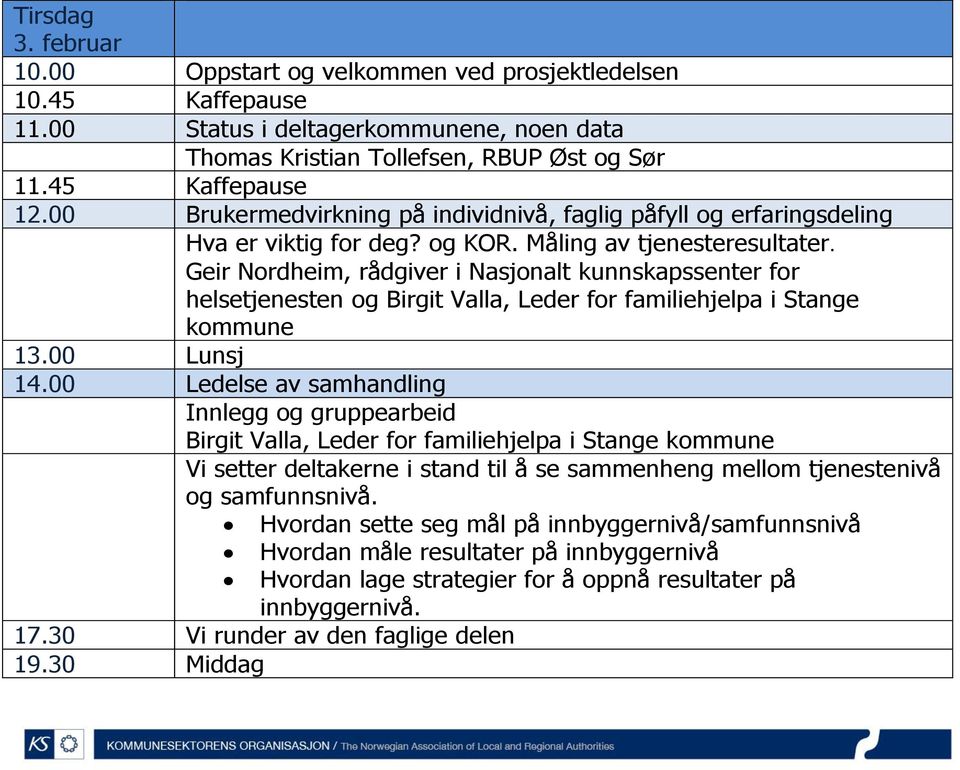 Geir Nordheim, rådgiver i Nasjonalt kunnskapssenter for helsetjenesten og Birgit Valla, Leder for familiehjelpa i Stange kommune 13.00 Lunsj 14.