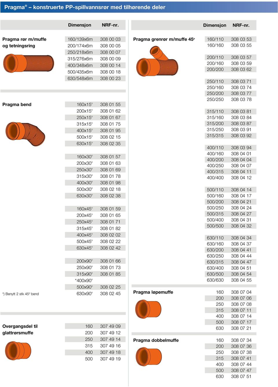 Pragma rør m/muffe 160/139x6m 308 00 03 og tetningsring 200/174x6m 308 00 05 250/218x6m 308 00 07 315/276x6m 308 00 09 400/348x6m 308 00 14 500/435x6m 308 00 18 630/548x6m 308 00 23 Pragma bend