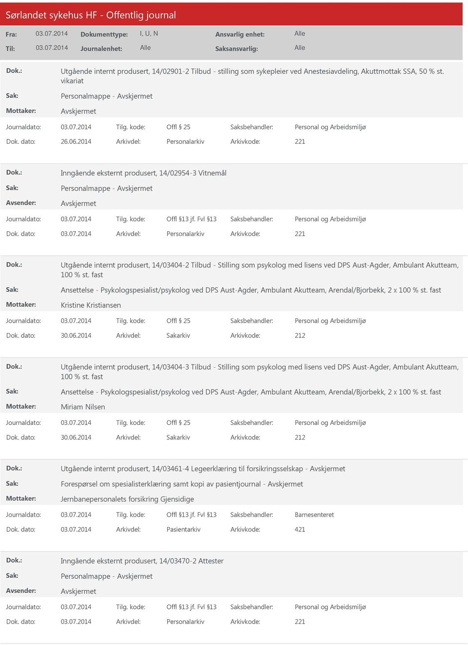 dato: Arkivdel: Personalarkiv Arkivkode: 221 tgående internt produsert, 14/03404-2 Tilbud - Stilling som psykolog med lisens ved DPS Aust-Agder, Ambulant Akutteam, 100 % st.