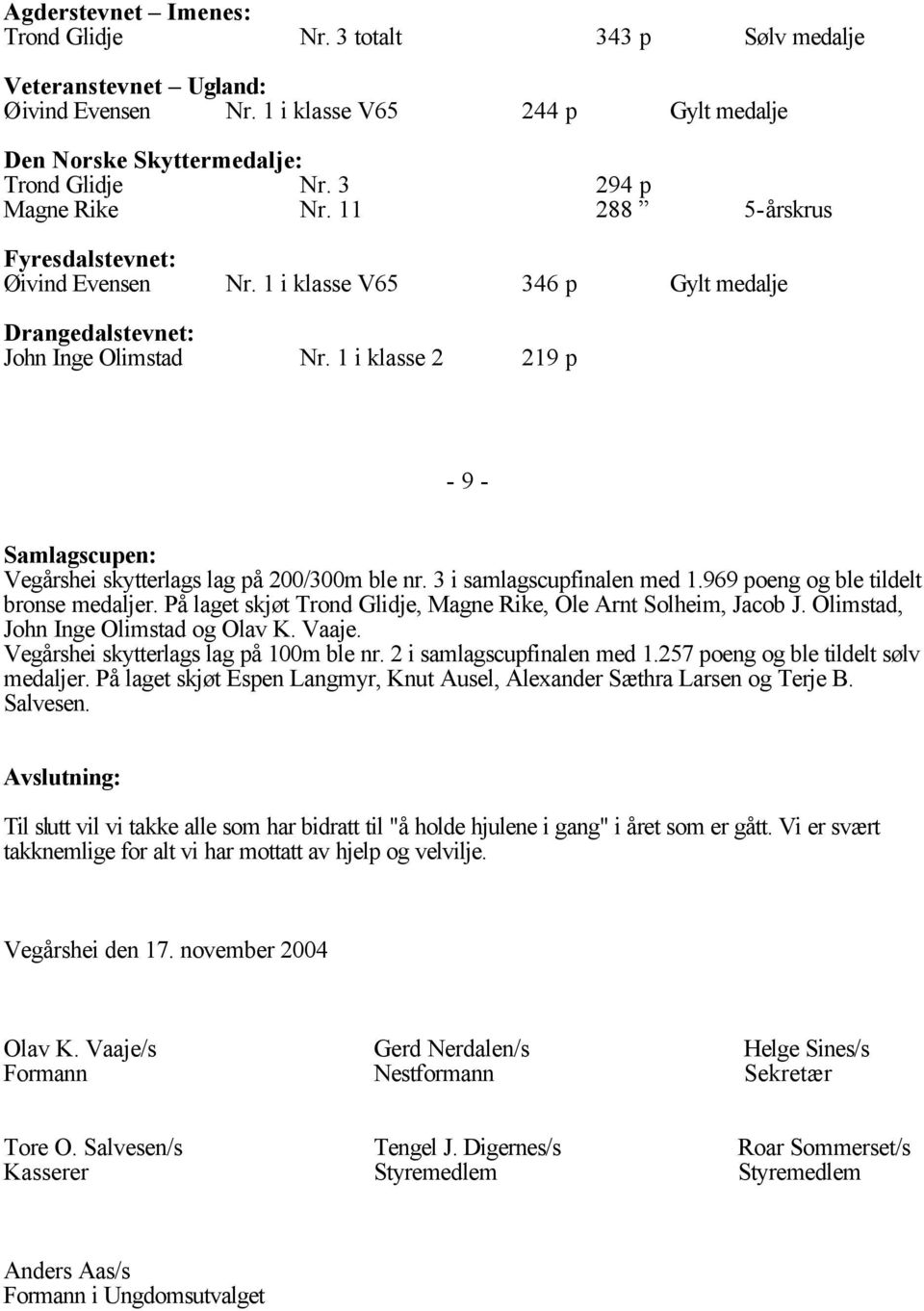 1 i klasse 2 219 p - 9 - Samlagscupen: Vegårshei skytterlags lag på 200/300m ble nr. 3 i samlagscupfinalen med 1.969 poeng og ble tildelt bronse medaljer.