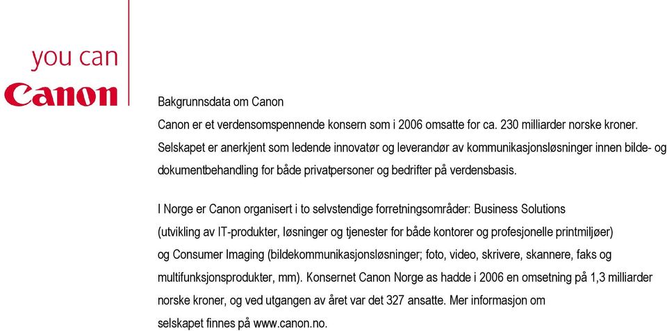 I Norge er Canon organisert i to selvstendige forretningsområder: Business Solutions (utvikling av IT-produkter, løsninger og tjenester for både kontorer og profesjonelle printmiljøer) og