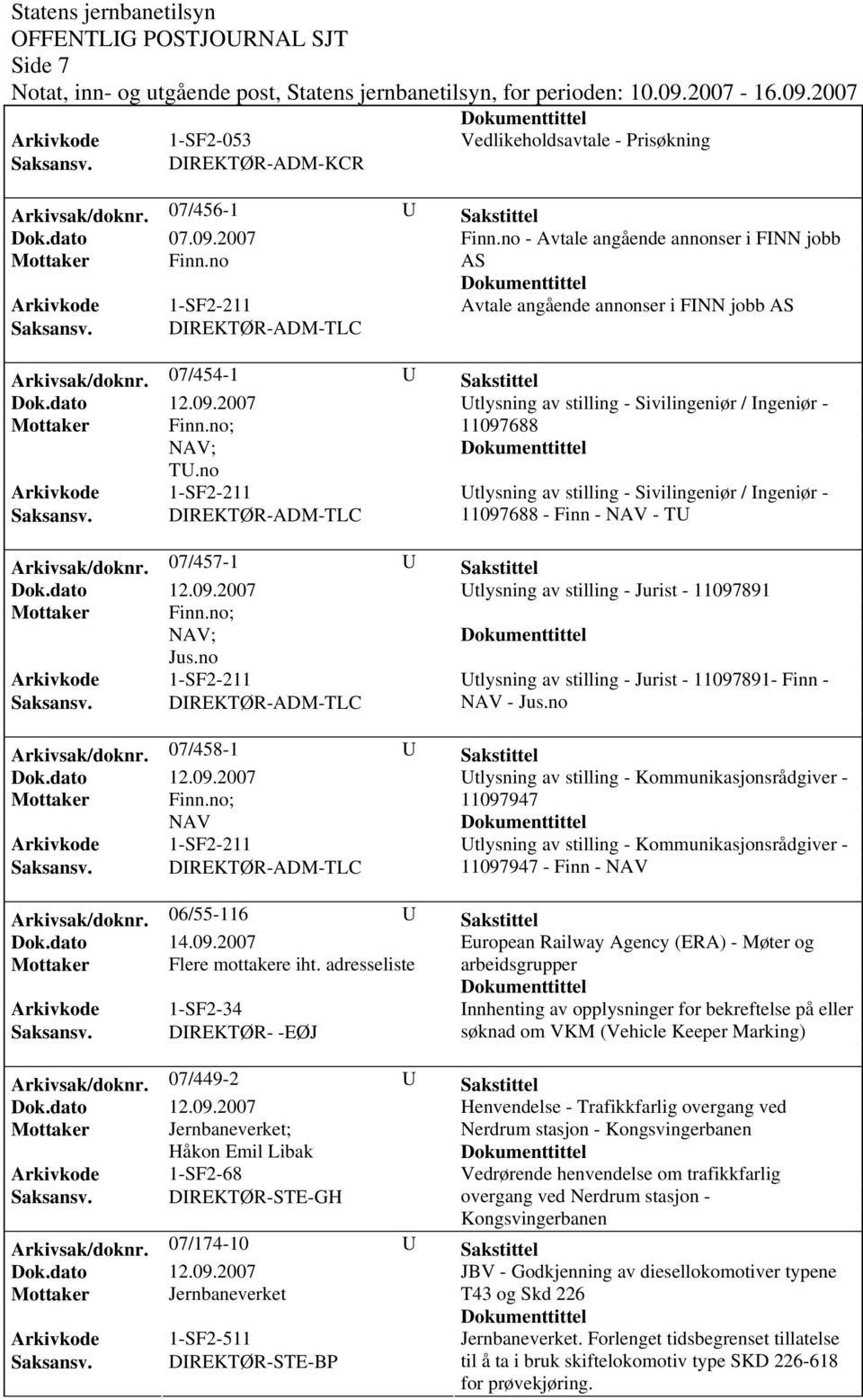 no Utlysning av stilling - Sivilingeniør / Ingeniør - 11097688 - Finn - NAV - TU Arkivsak/doknr. 07/457-1 U Sakstittel Utlysning av stilling - Jurist - 11097891 Mottaker Finn.no; NAV; Jus.