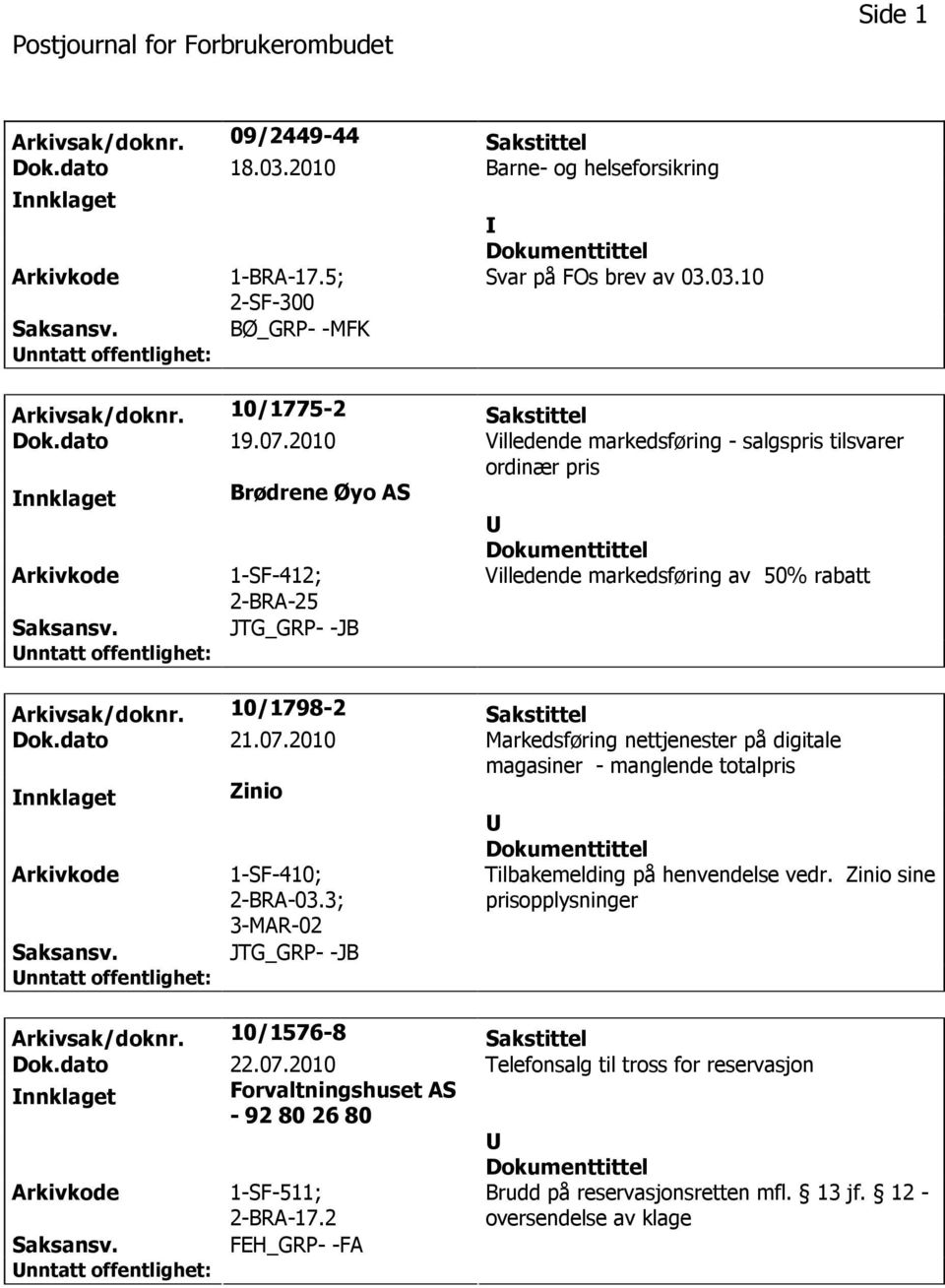 2010 Villedende markedsføring - salgspris tilsvarer ordinær pris nnklaget Brødrene Øyo AS 1-SF-412; Villedende markedsføring av 50% rabatt JTG_GRP- -JB Arkivsak/doknr. 10/1798-2 Sakstittel Dok.