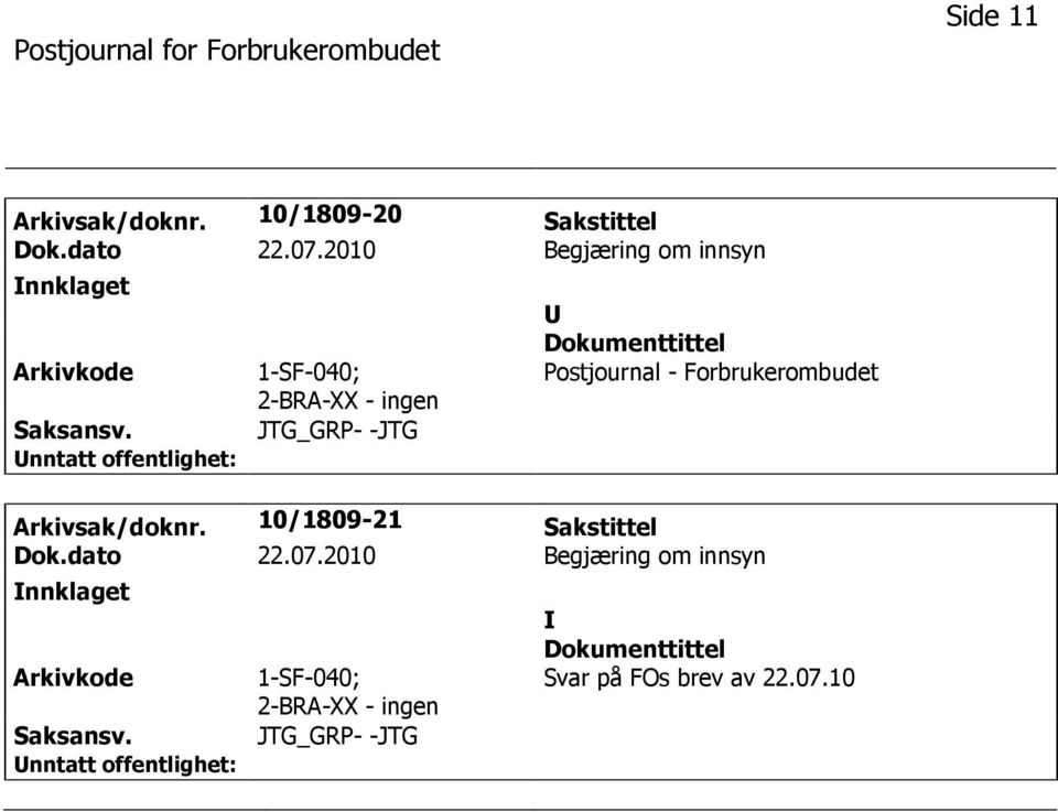 Forbrukerombudet Arkivsak/doknr. 10/1809-21 Sakstittel Dok.dato 22.