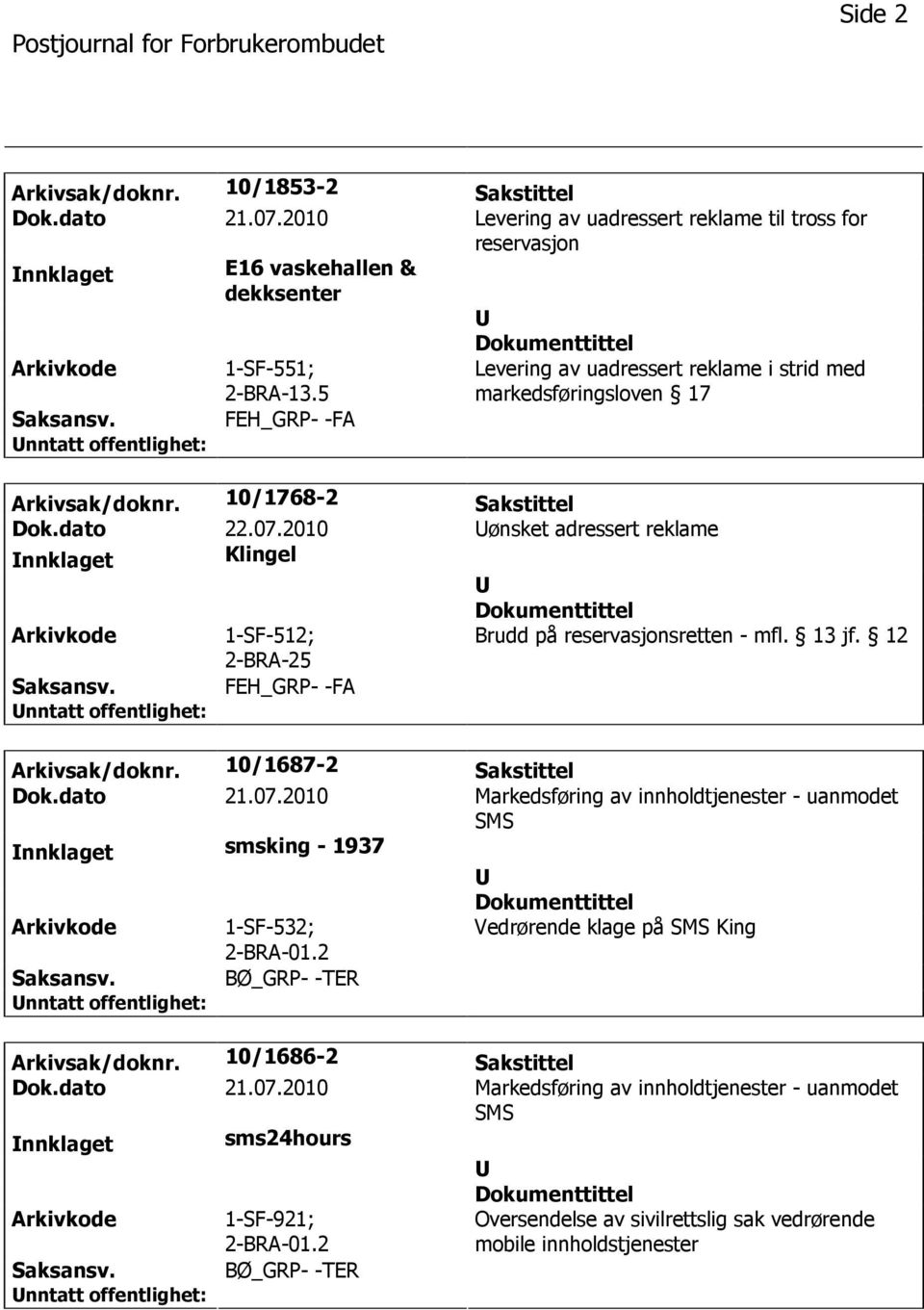 2010 ønsket adressert reklame nnklaget Klingel 1-SF-512; Brudd på reservasjonsretten - mfl. 13 jf. 12 FEH_GRP- -FA Arkivsak/doknr. 10/1687-2 Sakstittel Dok.dato 21.07.