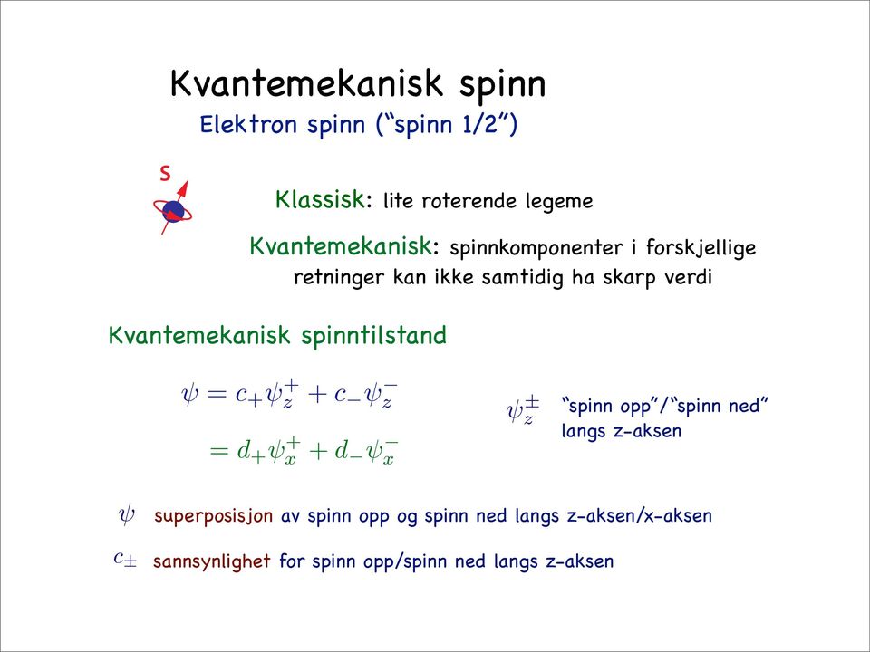 spinntilstand ψ = c + ψ + z + c ψ z = d + ψ + x + d ψ x ψ ± z spinn opp / spinn ned langs z-aksen ψ c