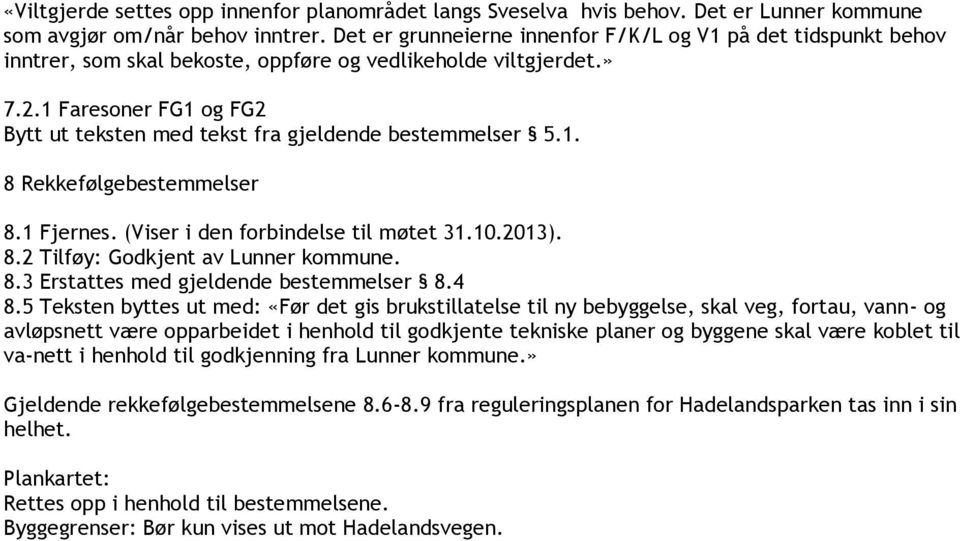 1 Faresoner FG1 og FG2 Bytt ut teksten med tekst fra gjeldende bestemmelser 5.1. 8 Rekkefølgebestemmelser 8.1 Fjernes. (Viser i den forbindelse til møtet 31.10.2013). 8.2 Tilføy: Godkjent av Lunner kommune.