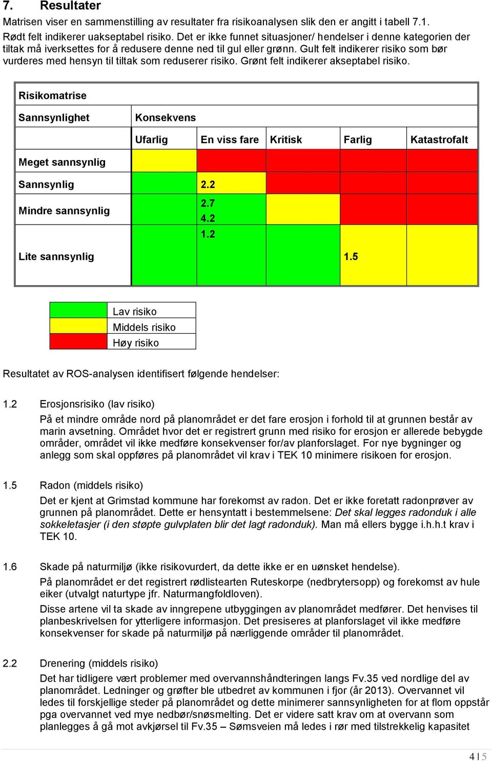 Gult felt indikerer risiko som bør vurderes med hensyn til tiltak som reduserer risiko. Grønt felt indikerer akseptabel risiko.
