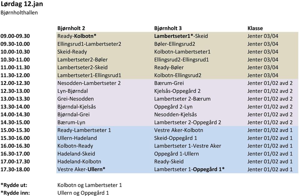 00 Lambertseter1-Ellingsrud1 Kolbotn-Ellingsrud2 Jenter 03/04 12.00-12.30 Nesodden-Lambertseter 2 Bærum-Grei Jenter 01/02 avd 2 12.30-13.