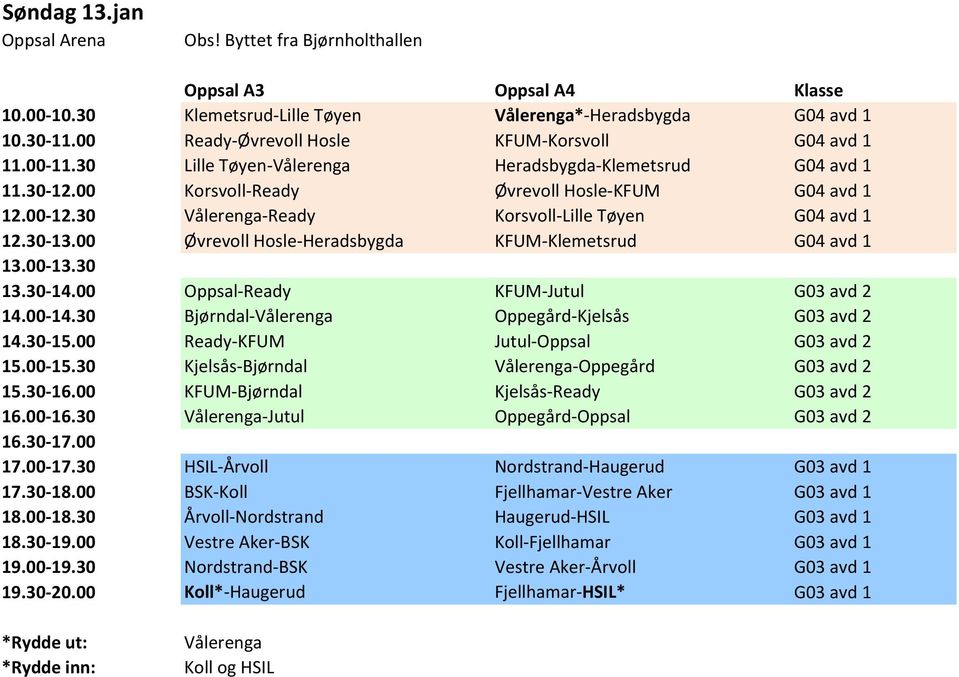 00 Øvrevoll Hosle-Heradsbygda KFUM-Klemetsrud G04 avd 1 13.30-14.00 Oppsal-Ready KFUM-Jutul G03 avd 2 14.00-14.30 Bjørndal-Vålerenga Oppegård-Kjelsås G03 avd 2 14.30-15.