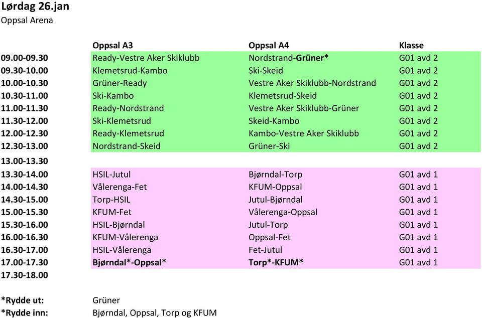 00 Ski-Klemetsrud Skeid-Kambo G01 avd 2 12.00-12.30 Ready-Klemetsrud Kambo-Vestre Aker Skiklubb G01 avd 2 12.30-13.00 Nordstrand-Skeid Grüner-Ski G01 avd 2 13.30-14.