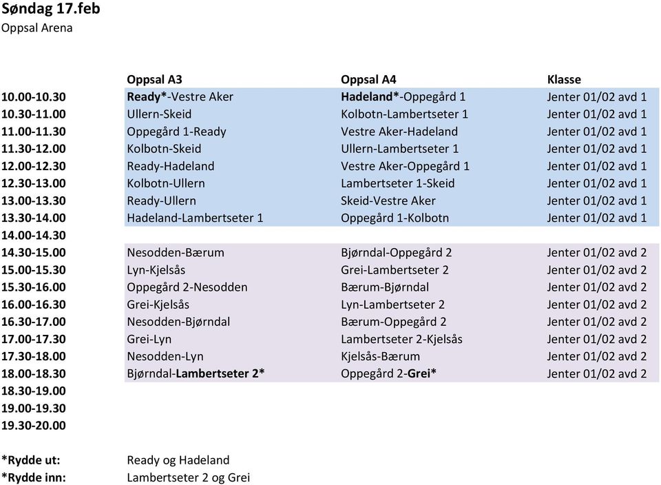 30 Ready-Hadeland Vestre Aker-Oppegård 1 Jenter 01/02 avd 1 12.30-13.00 Kolbotn-Ullern Lambertseter 1-Skeid Jenter 01/02 avd 1 Ready-Ullern Skeid-Vestre Aker Jenter 01/02 avd 1 13.30-14.