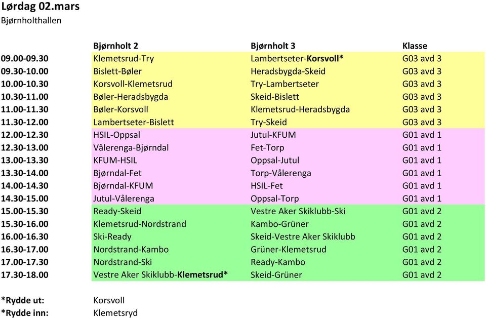 30 HSIL-Oppsal Jutul-KFUM G01 avd 1 12.30-13.00 Vålerenga-Bjørndal Fet-Torp G01 avd 1 KFUM-HSIL Oppsal-Jutul G01 avd 1 13.30-14.00 Bjørndal-Fet Torp-Vålerenga G01 avd 1 14.00-14.