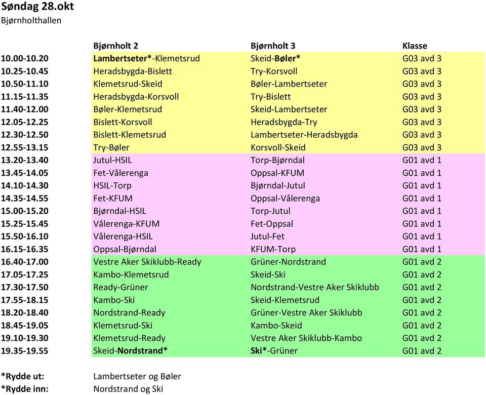 50 Bislett-Klemetsrud Lambertseter-Heradsbygda G03 avd 3 12.55-13.15 Try-Bøler Korsvoll-Skeid G03 avd 3 13.20-13.40 Jutul-HSIL Torp-Bjørndal G01 avd 1 13.45-14.