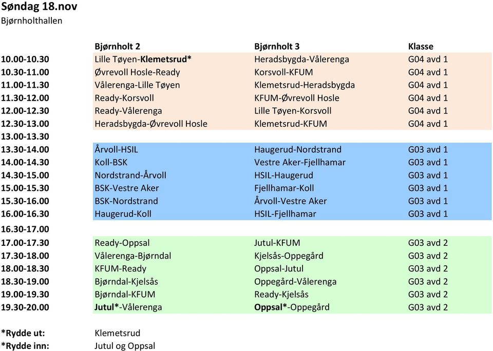 00 Heradsbygda-Øvrevoll Hosle Klemetsrud-KFUM G04 avd 1 13.30-14.00 Årvoll-HSIL Haugerud-Nordstrand G03 avd 1 14.00-14.30 Koll-BSK Vestre Aker-Fjellhamar G03 avd 1 14.30-15.