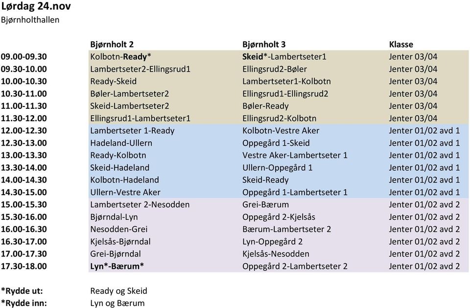 00 Ellingsrud1-Lambertseter1 Ellingsrud2-Kolbotn Jenter 03/04 12.00-12.30 Lambertseter 1-Ready Kolbotn-Vestre Aker Jenter 01/02 avd 1 12.30-13.