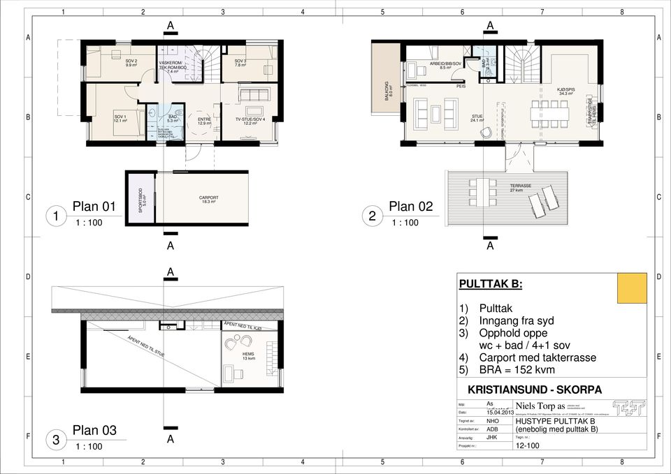 3 m² Plan 0 TRRSS 7 kvm PULTTK : ÅPNT N TIL STU ÅPNT N TIL KJØ HMS 3 kvm ) Pulttak ) Inngang fra syd 3) Opphold oppe wc + bad / 4+