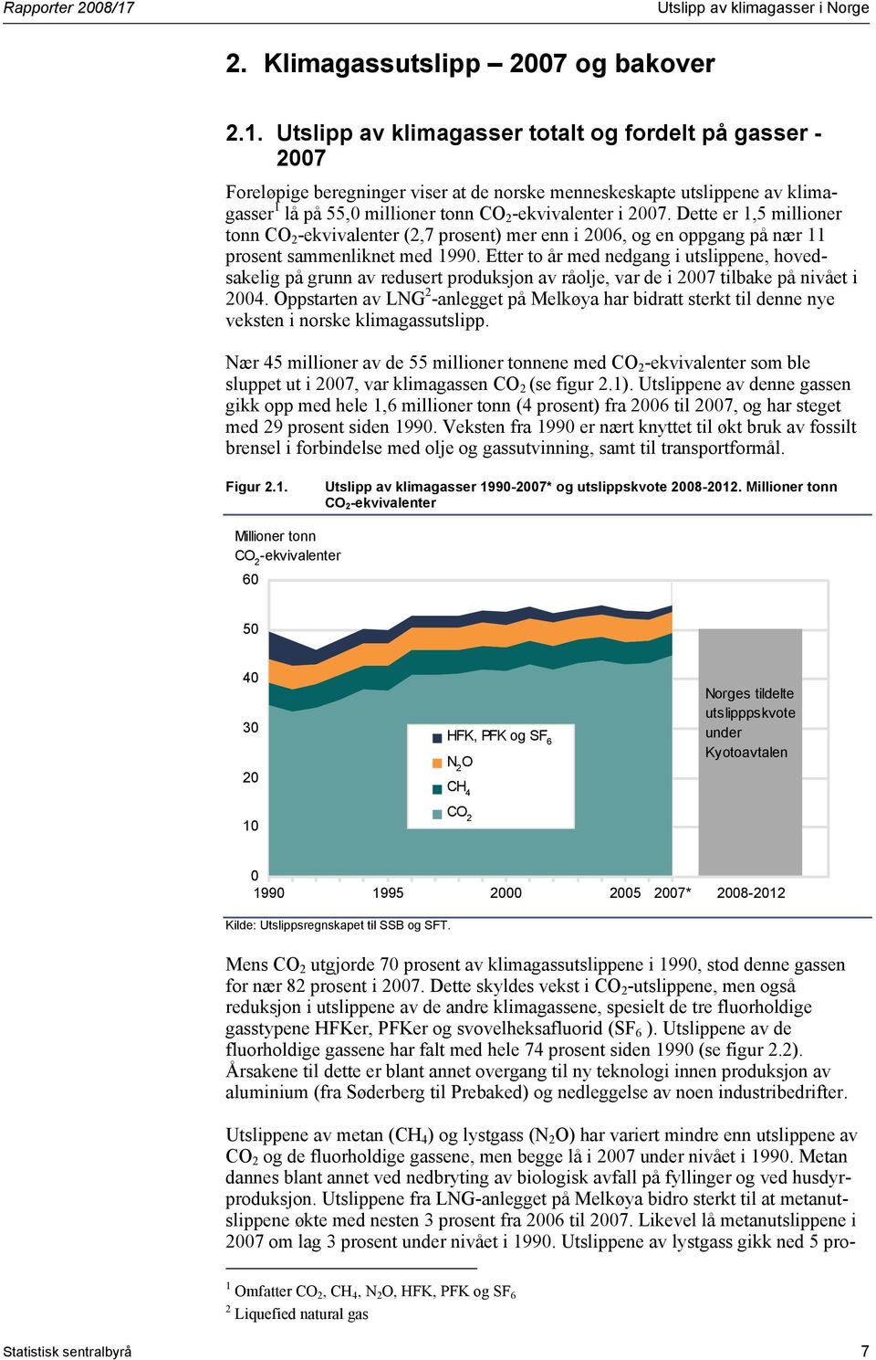 Utslipp av klimagasser totalt og fordelt på gasser - 27 Foreløpige beregninger viser at de norske menneskeskapte utslippene av klimagasser 1 lå på 55, millioner tonn CO 2 -ekvivalenter i 27.