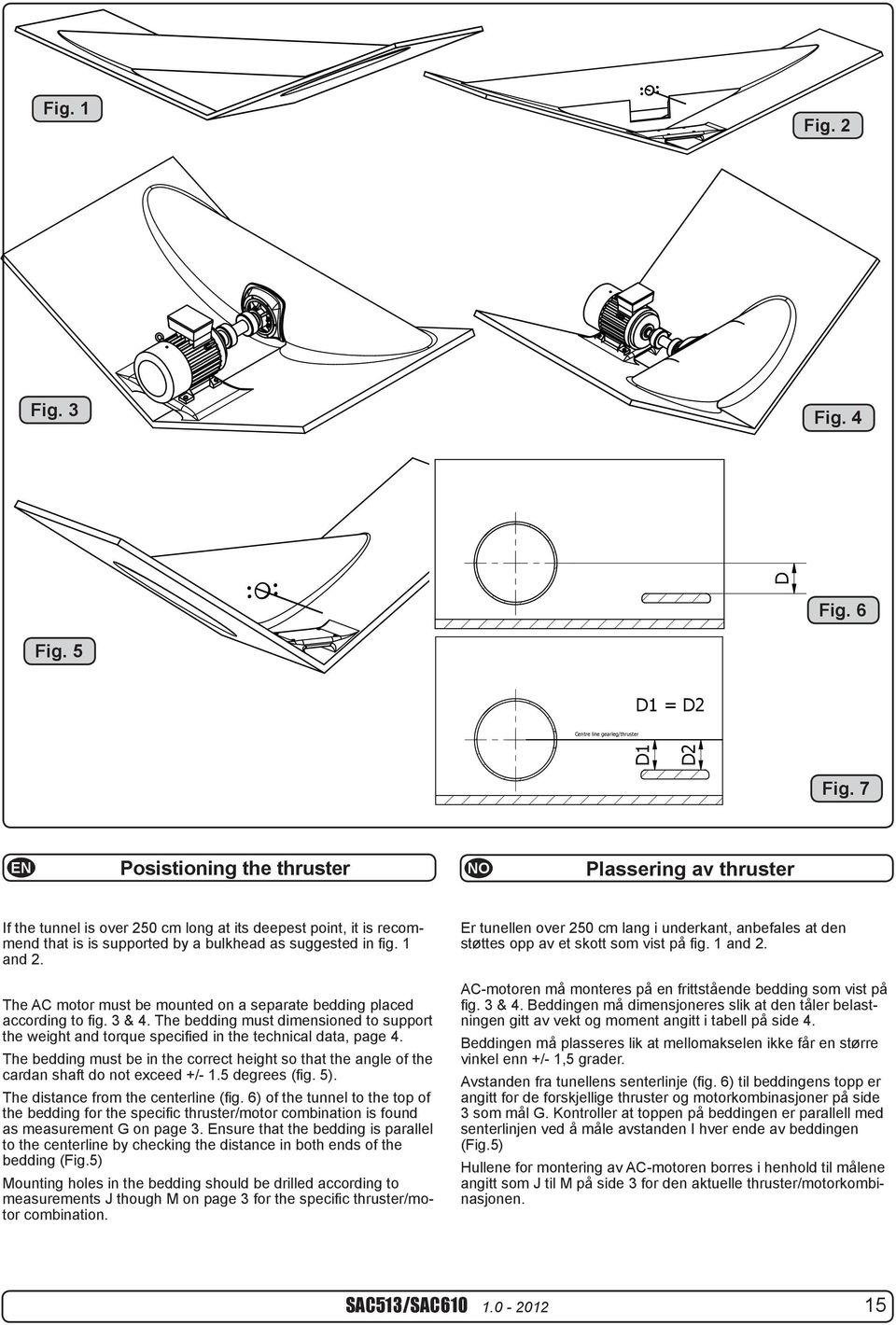 7 Posistioning thruster Plassering av thruster If tunnel is over 250 cm long at its deepest point, it is recommend that is is supported by a bulkhead as suggested in fig. 1 and 2.