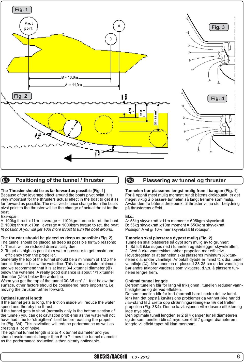 The relative distance change from boats pivot point to thruster will be change of actual thrust for boat. Example : A: 100kg thrust x 11m leverage = 1100kgm torque to rot.